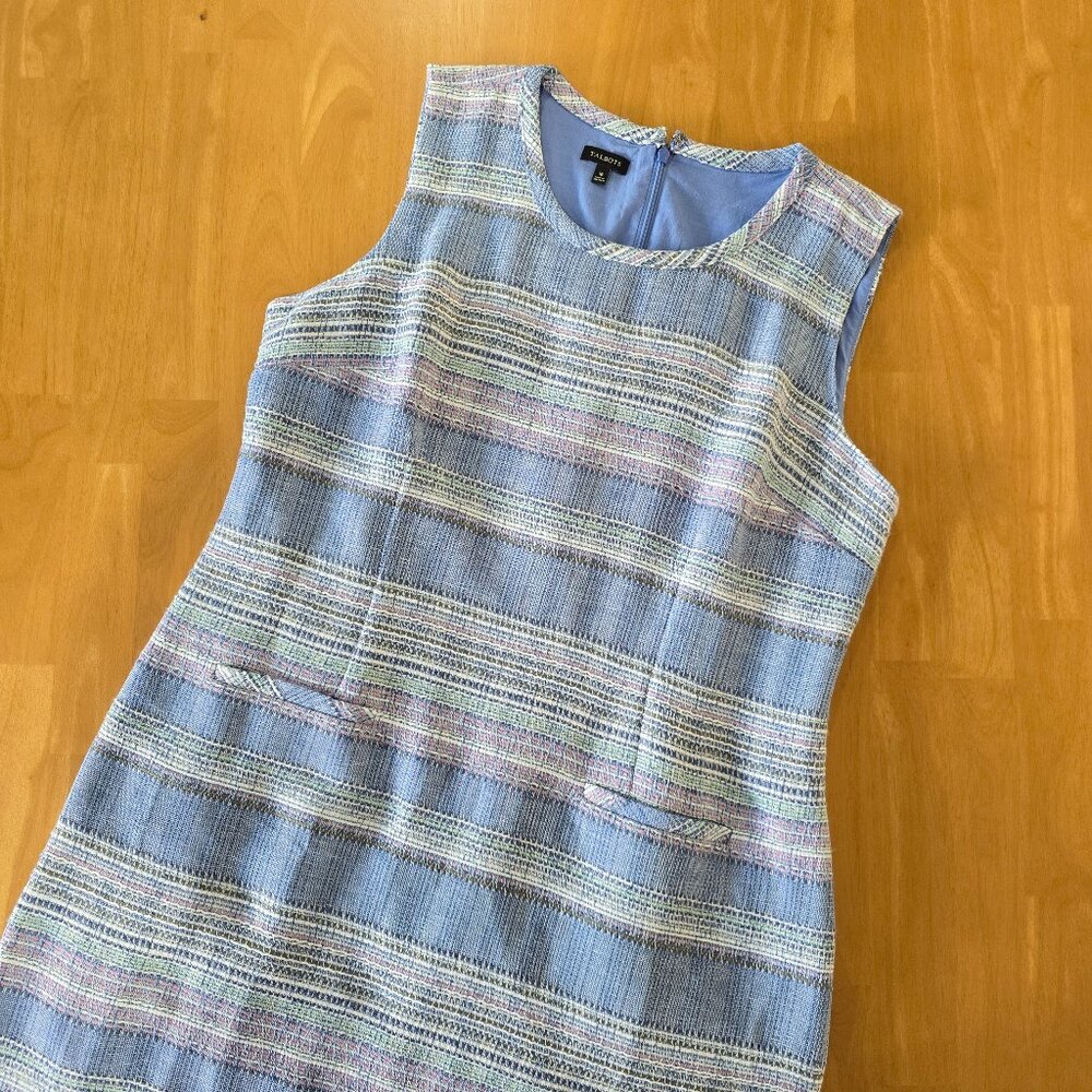 Talbots Tweed Sleeveless Shift Dress Lined Pockets Knee Length Blue Pink Size 16